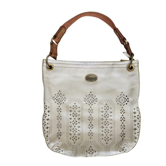 Fossil Handbags - Large White Leather Fossil Laser Cut Purse Brown Strap Hobo